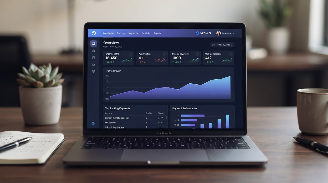 SEO analytics dashboard showing rising search rankings and traffic