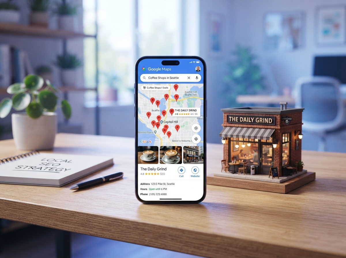 Local SEO map showing business listings and search rankings