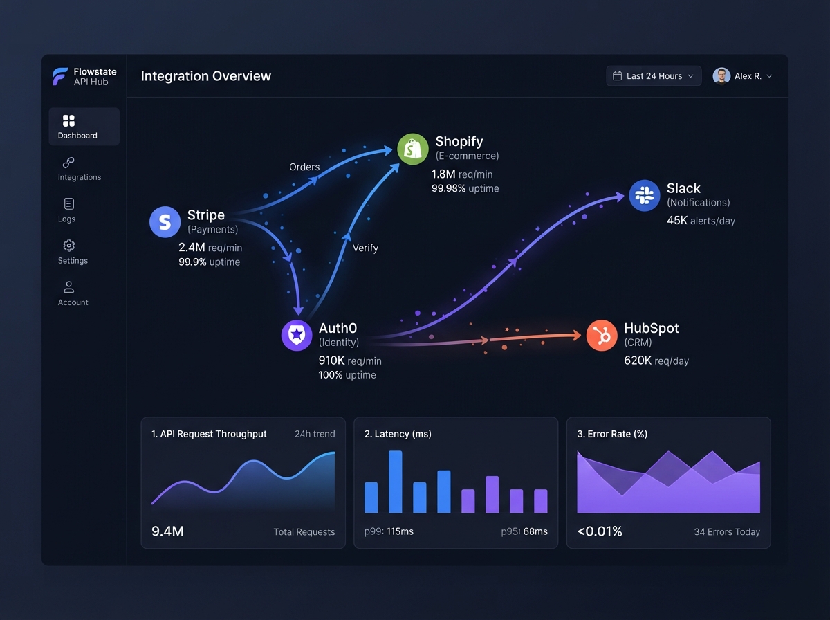 API integration dashboard with connected systems and analytics