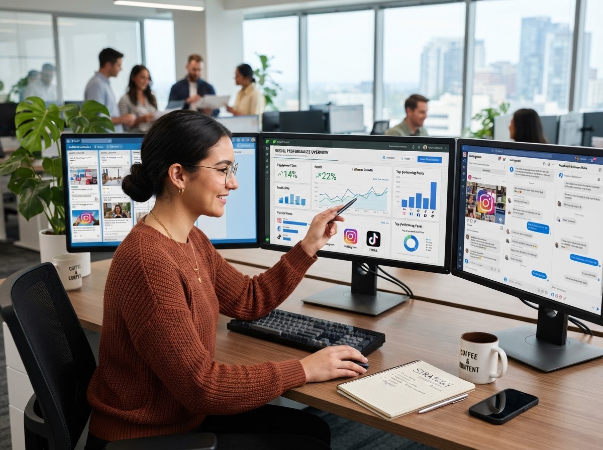 Social media manager reviewing analytics dashboards and content calendars