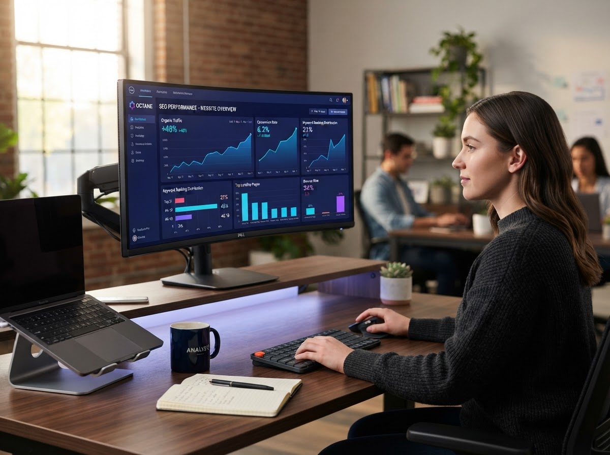 SEO analytics dashboard with traffic and conversion data