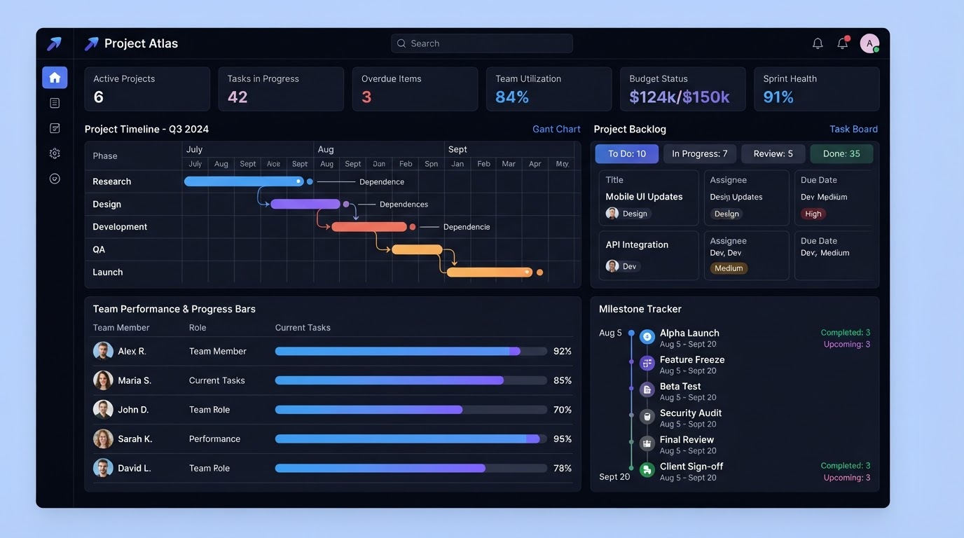 Project management dashboard with Gantt chart timeline and milestone tracking