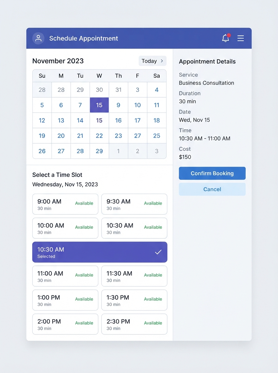 Appointment scheduling calendar with booking interface