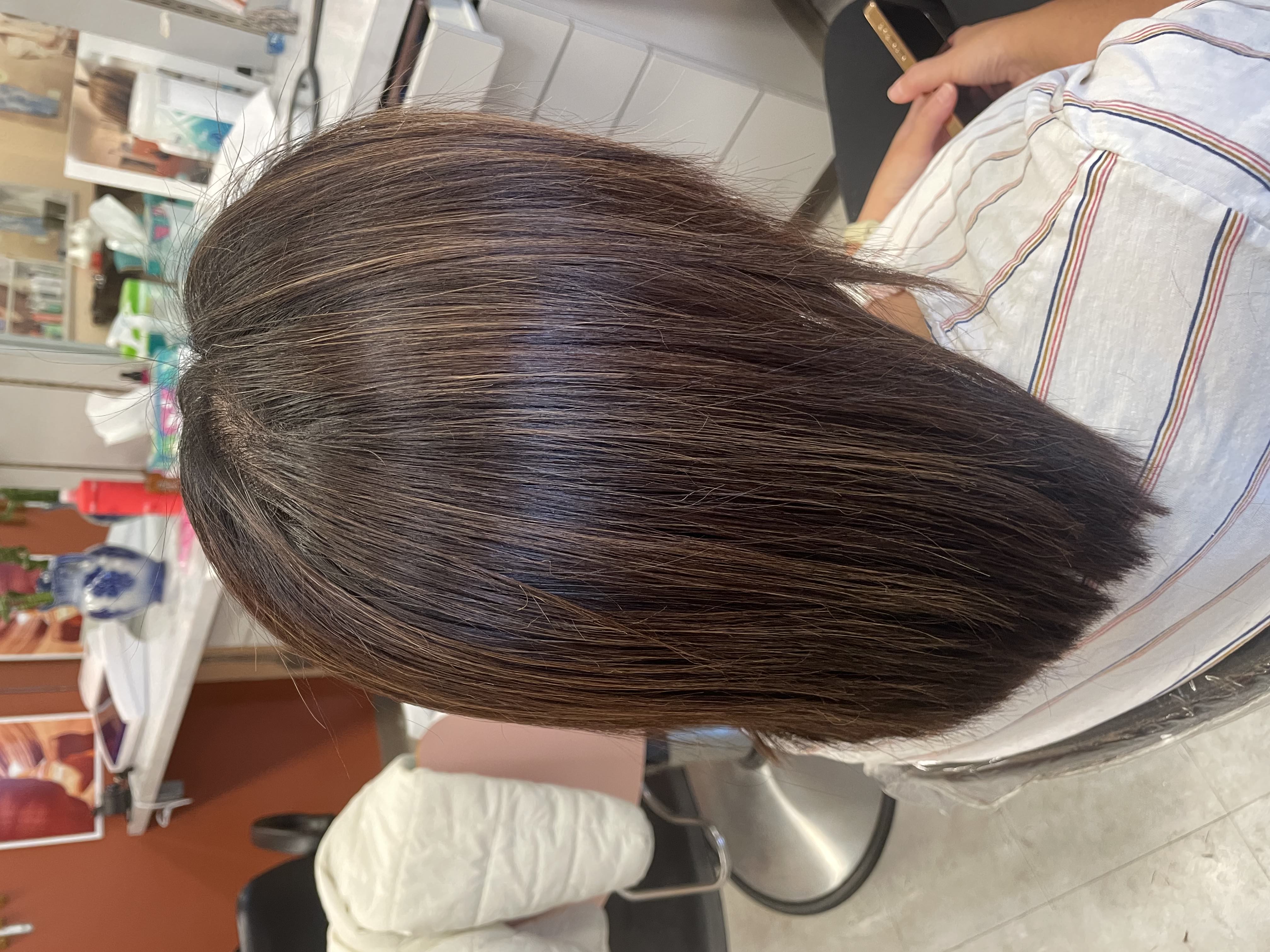 Brunette hair with dimensional highlights and precision cut at Ideal Hair Salon in Edmonds