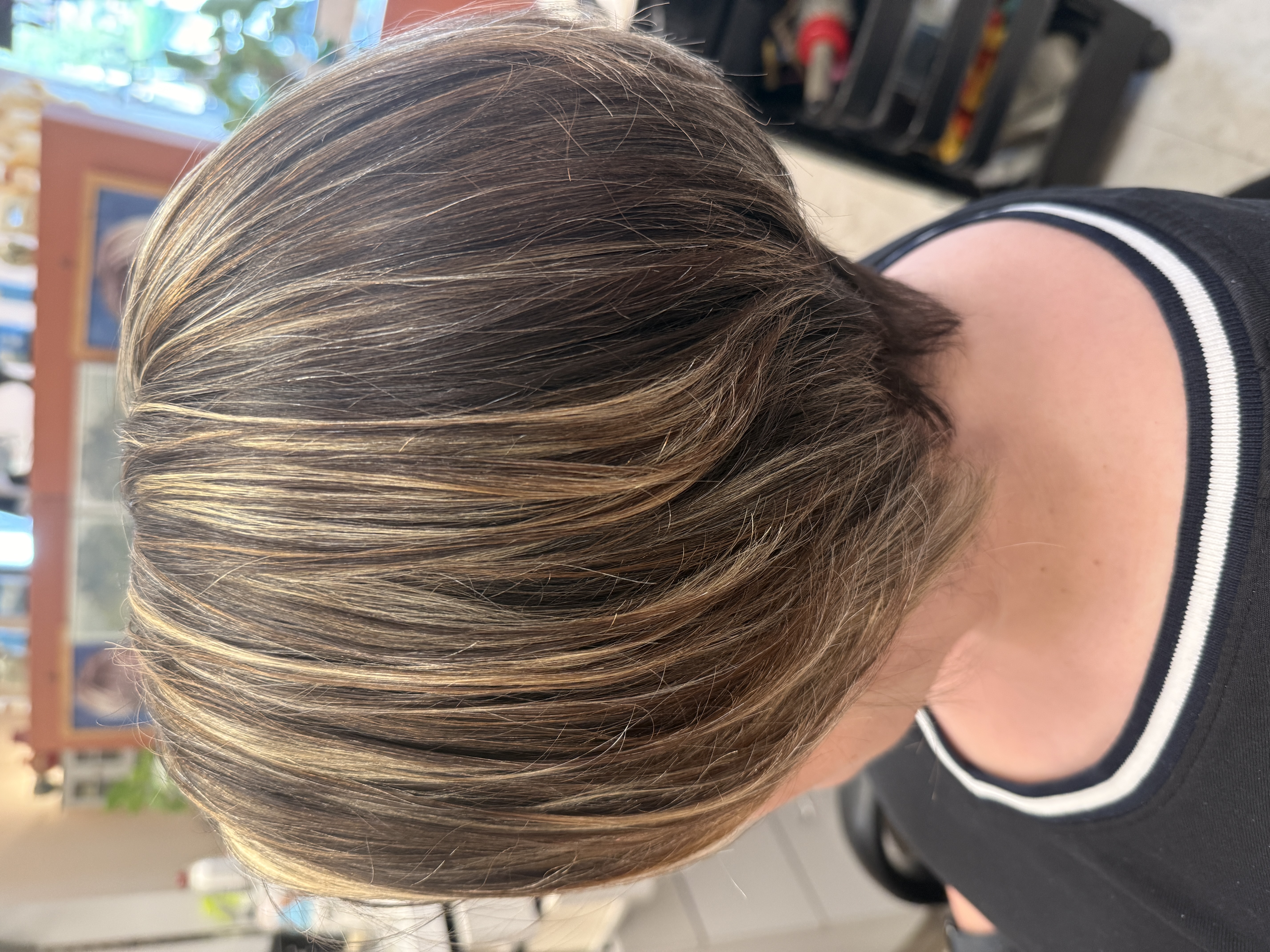 Seamless blonde highlights and dimensional brunette hair color transformation.