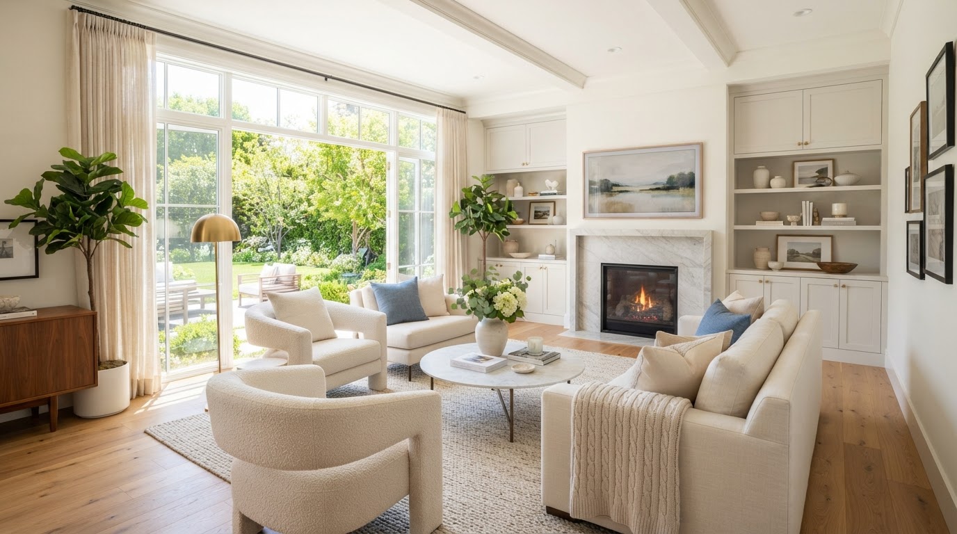 Bright, spotless living room with natural light, a home cleaned by MG House Cleaning Services