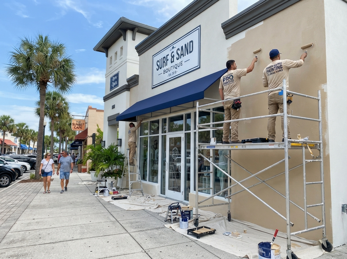 Commercial painting crew painting a retail storefront in Bradenton Florida with professional equipment