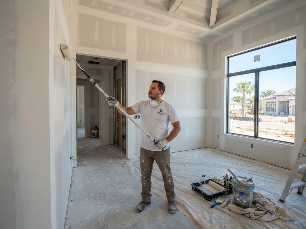 New construction builder painting with fresh drywall being painted in a newly built Florida home in Lakewood Ranch