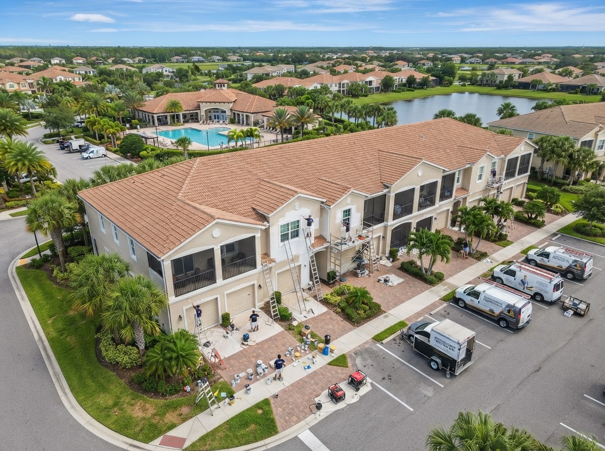 HOA community repainting of connected Florida townhomes by professional crew in Manatee County