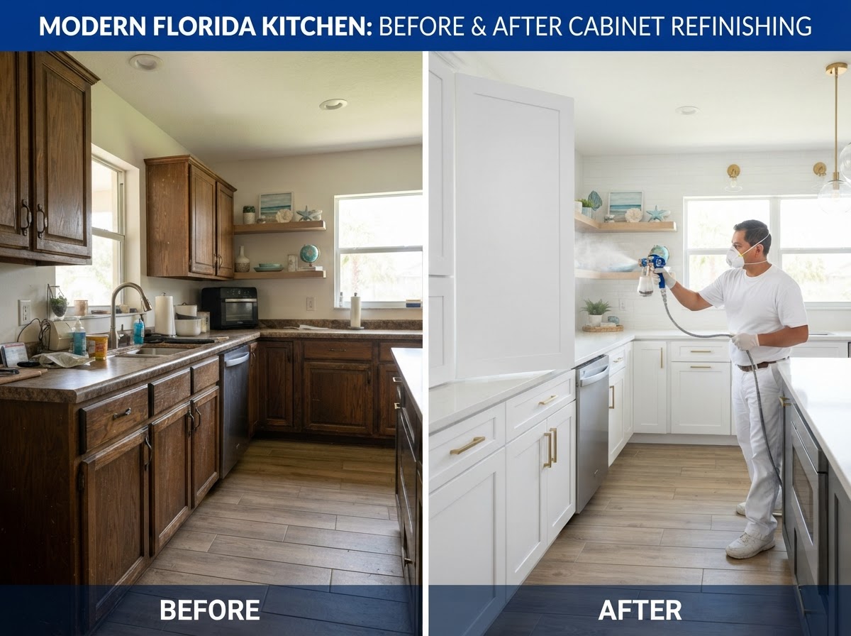 Kitchen cabinet refinishing with smooth factory finish spray application in a Parrish Florida home