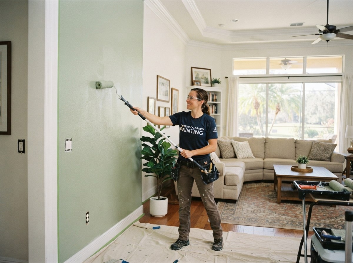 Residential home painting in Lakewood Ranch Florida with painter rolling fresh color on living room wall