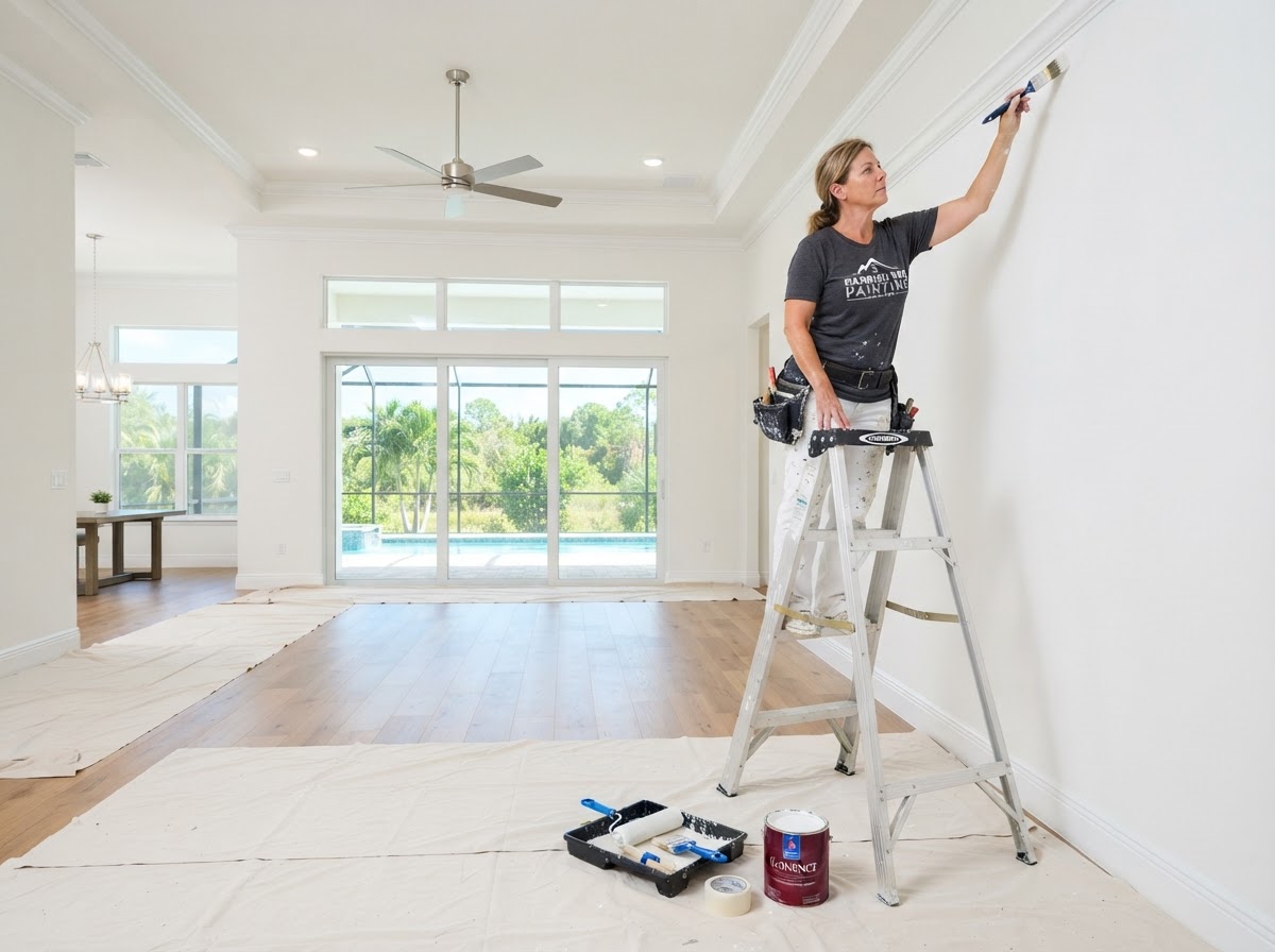 Professional interior painting in a bright Parrish Florida living room with fresh white walls