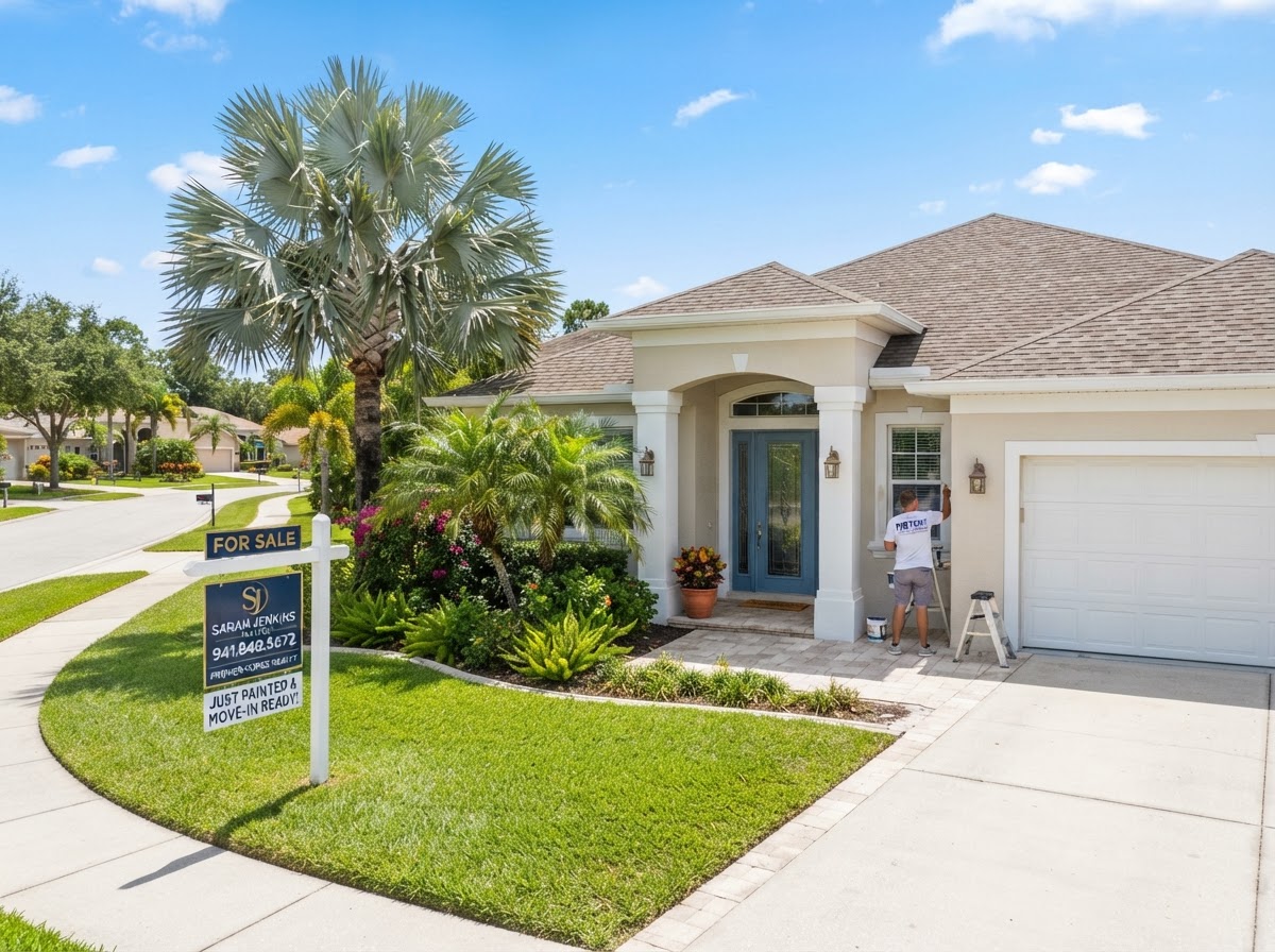 Realtor pre-listing home painting touchups boosting curb appeal on a Florida home for sale in Parrish