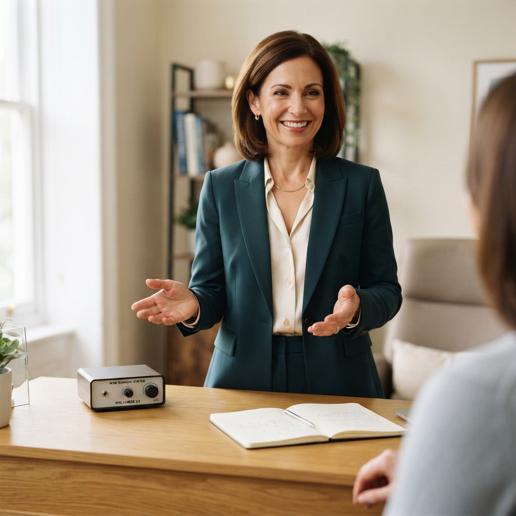 Confident professional with an organized workspace greeting a client, ready to conduct a hypnosis session