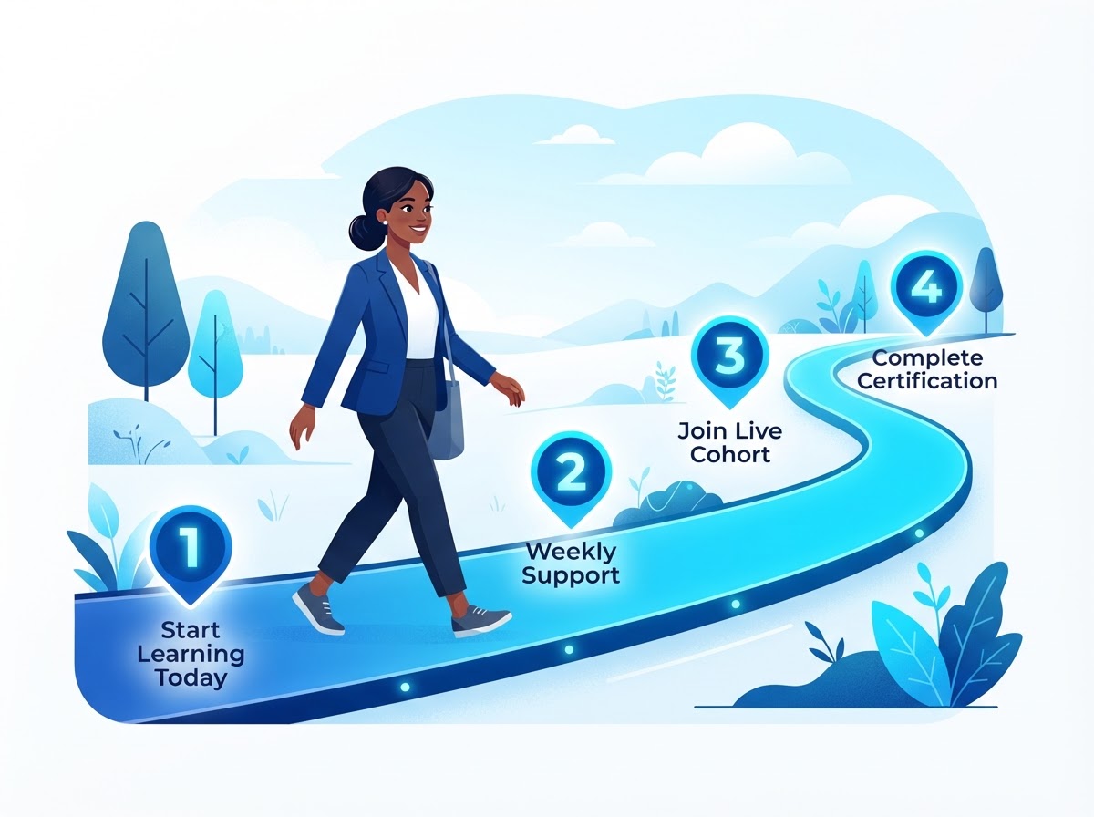 A professional woman walking along an illuminated learning path with four numbered milestones: start learning, weekly support, live cohort, and certification