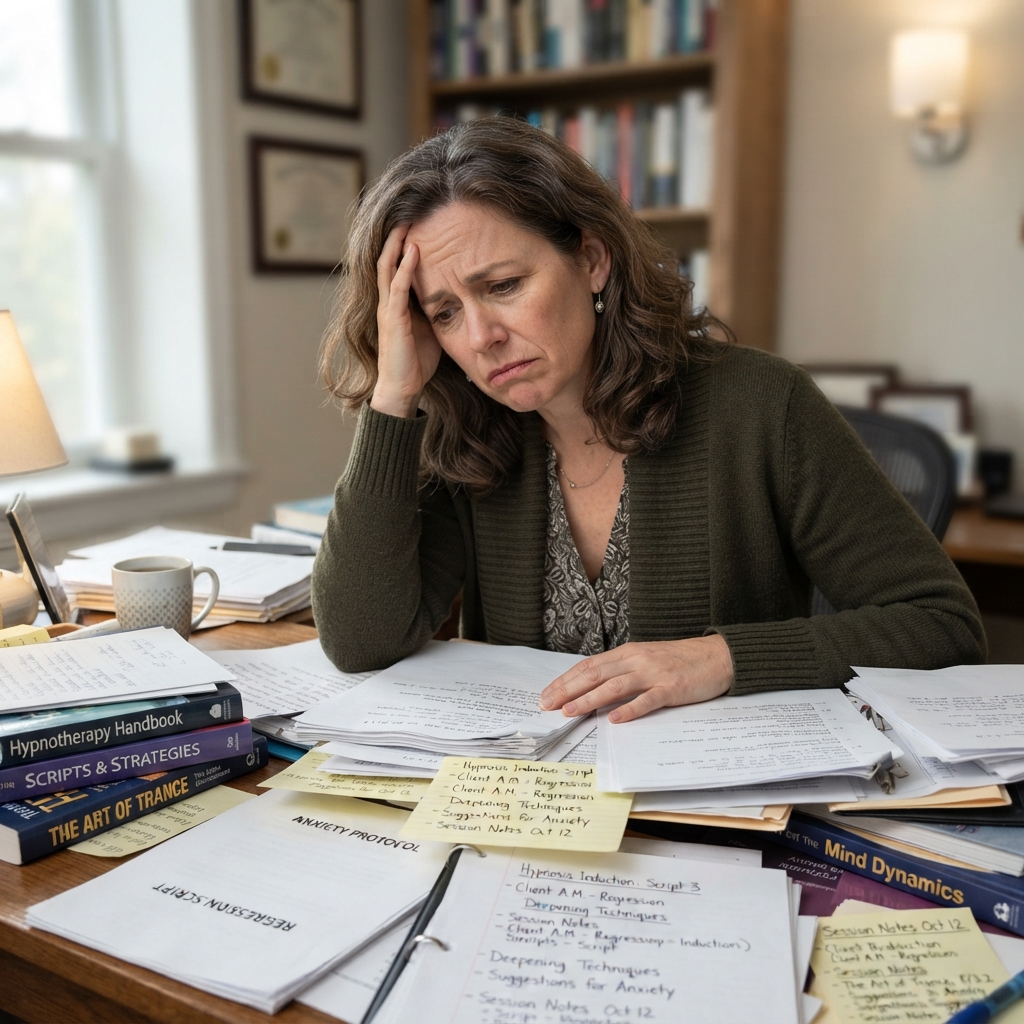 Overwhelmed professional surrounded by disorganized hypnosis scripts and books, unsure where to start