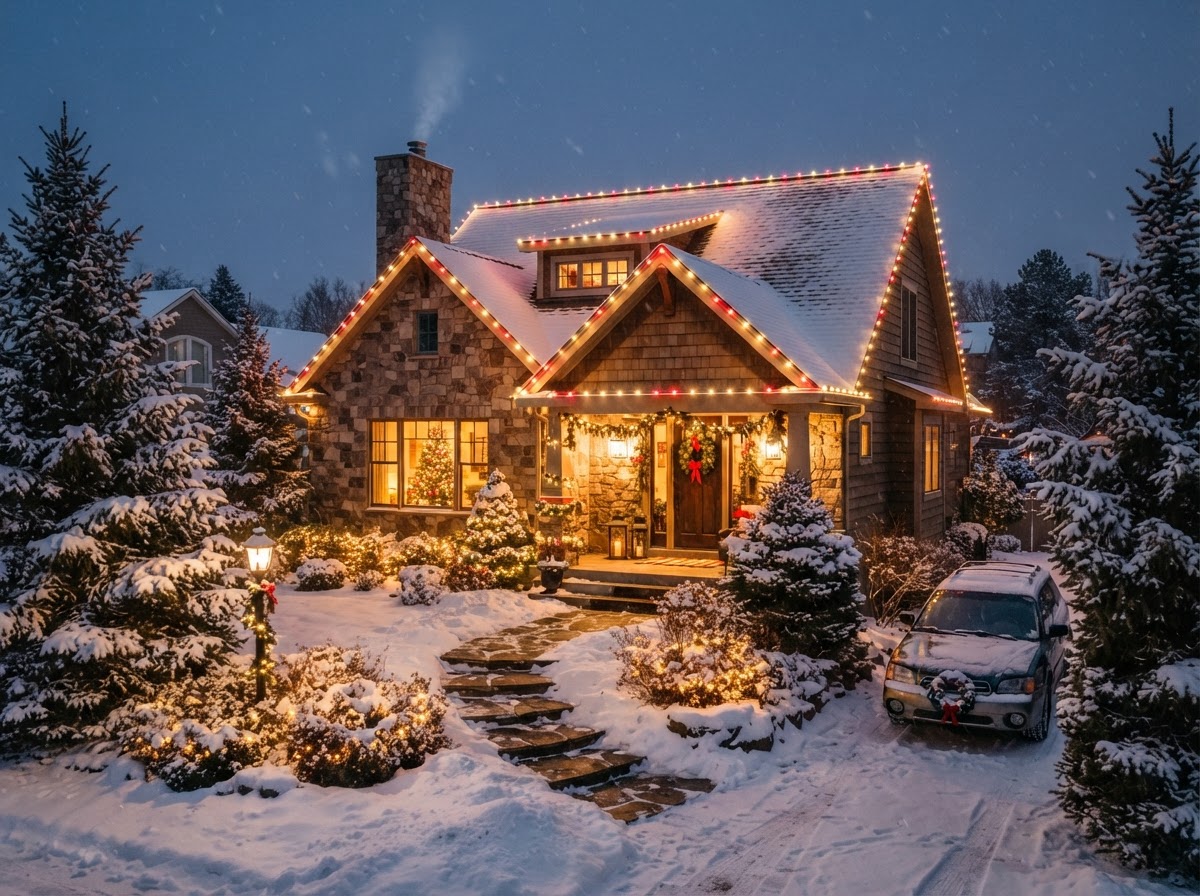 Permanent Christmas lights installed along roofline of a home with warm white and red LED lighting