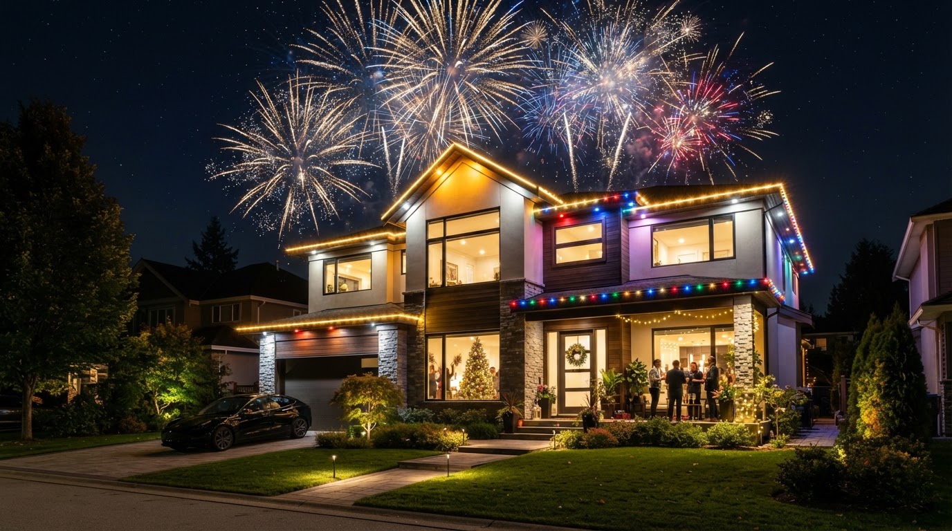 Permanent New Year's Eve lighting on a home glowing gold and white with festive celebration effects