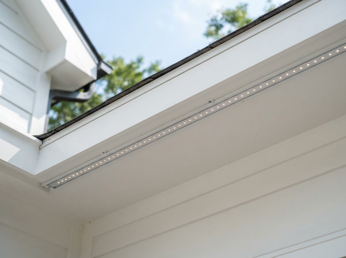 Close-up of permanent LED lighting track installed cleanly along a home roofline eave