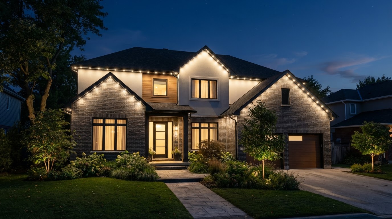 The same home at night with permanent Architectural LED outdoor lighting glowing along the roofline
