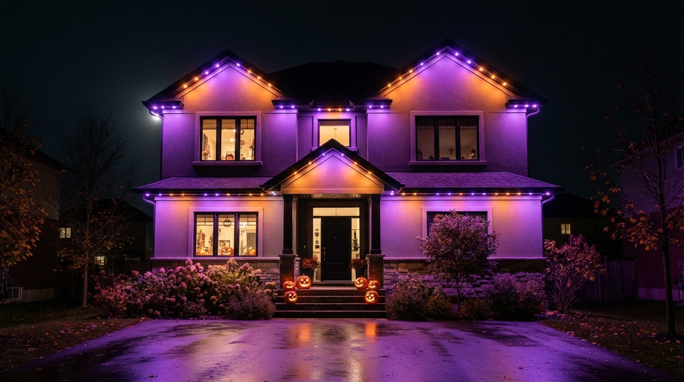 The same home at night with permanent Halloween LED outdoor lighting glowing along the roofline