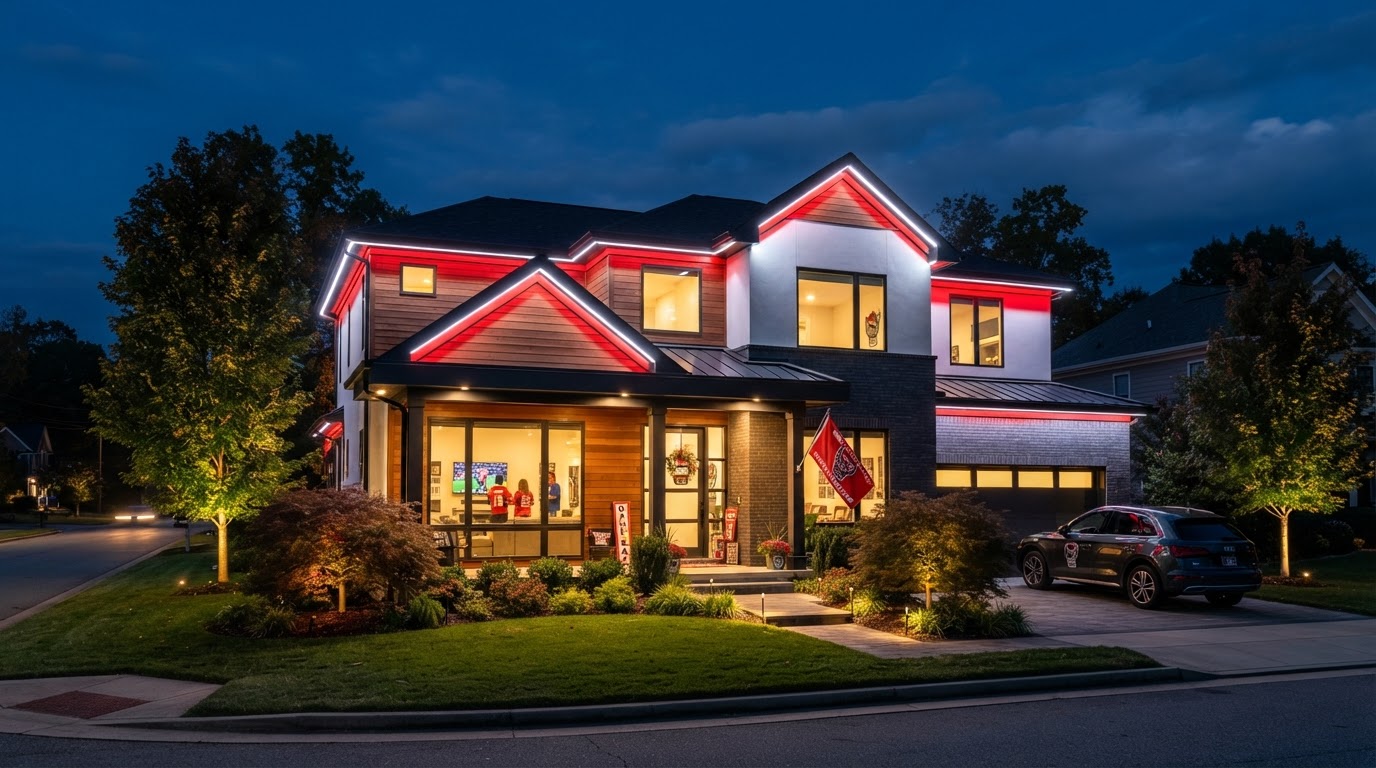 Permanent game day lighting on a home glowing team colours for a sports watch party celebration