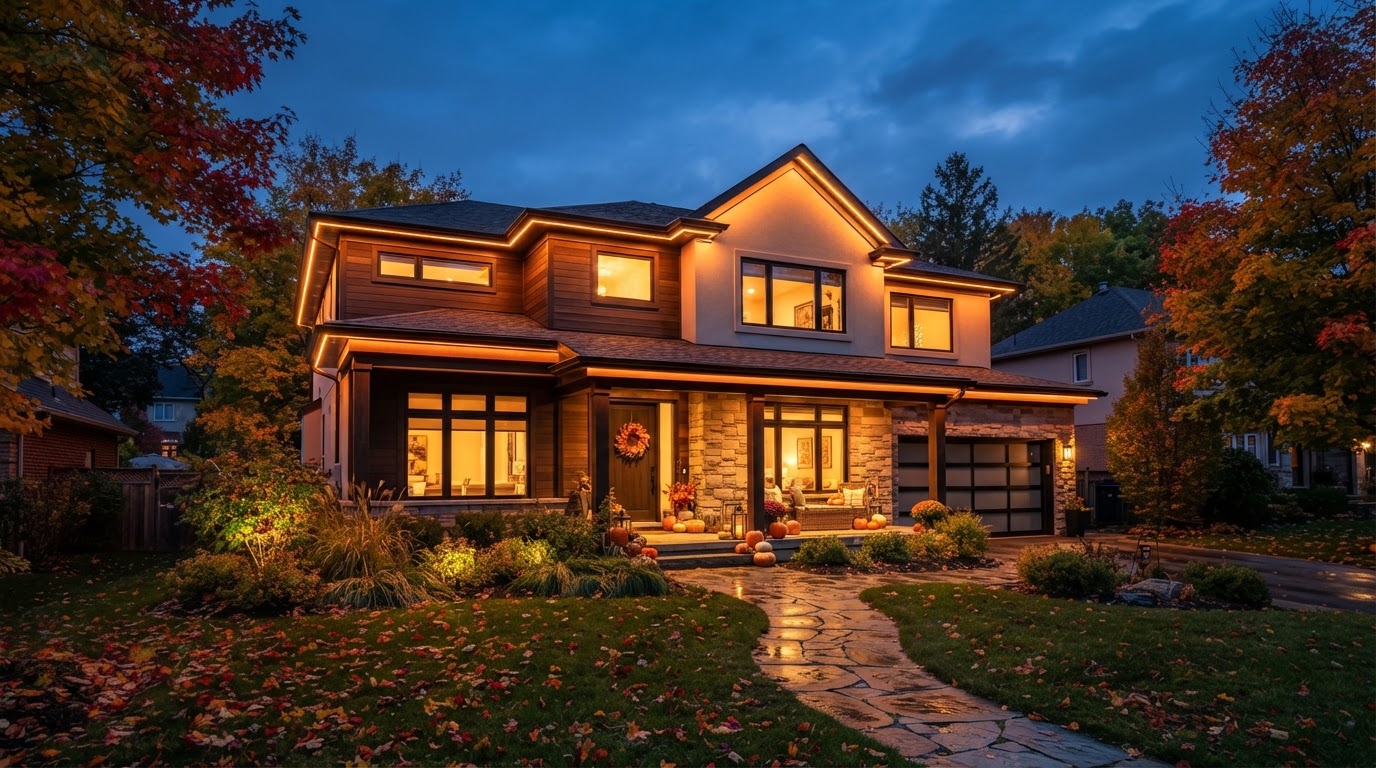 Permanent Thanksgiving lighting on a home glowing warm amber and orange for an autumn celebration display