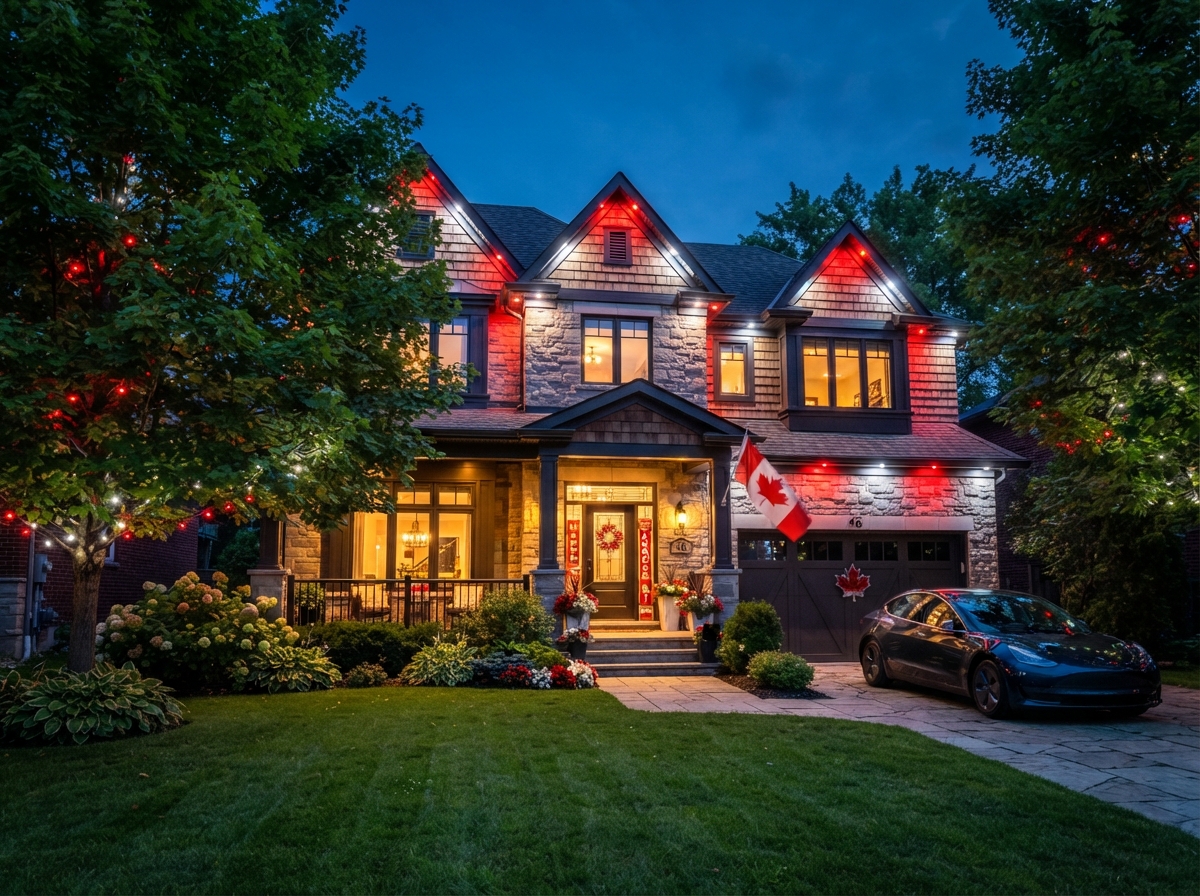 Canada Day permanent outdoor lighting in red and white on a Canadian home at dusk