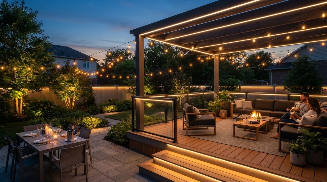 Permanent patio and deck lighting on a backyard glowing warm white for a summer evening outdoor entertaining space