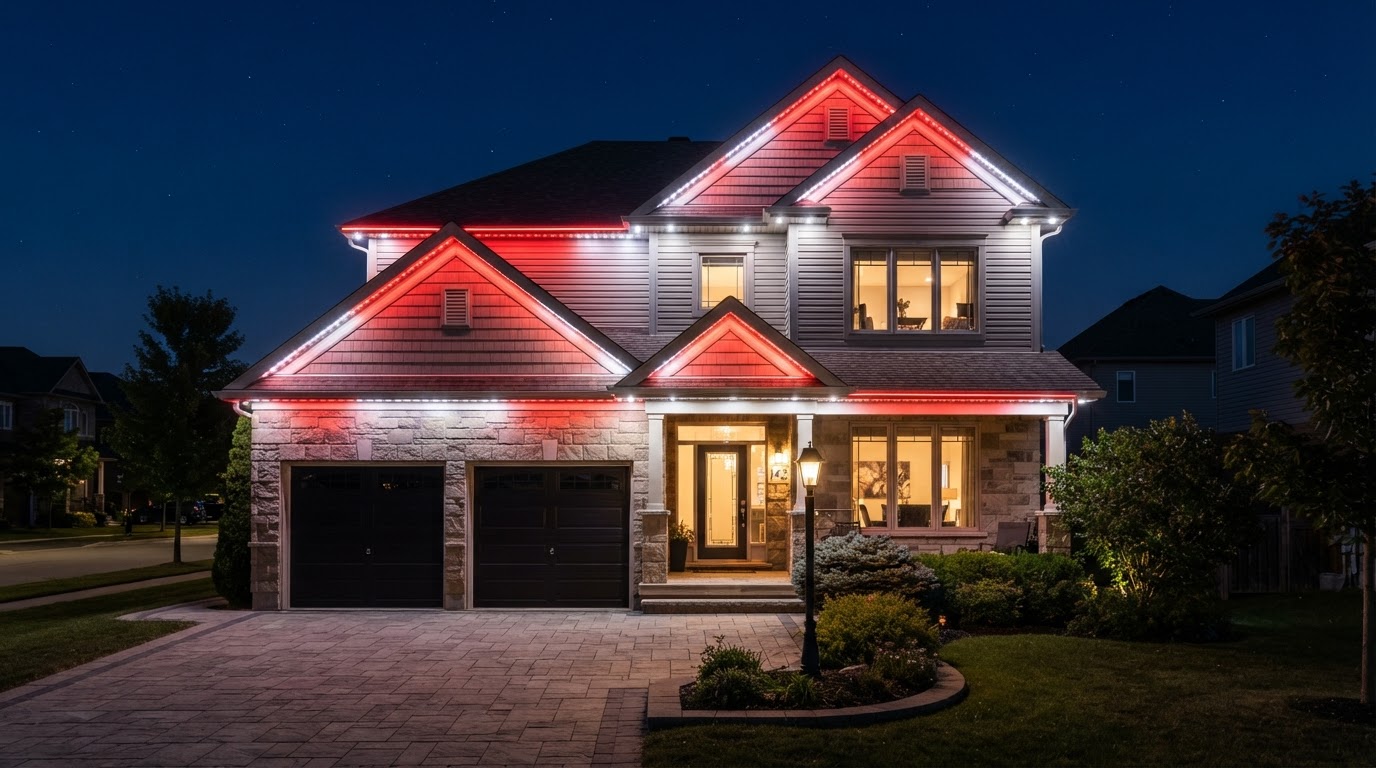 The same home at night with permanent Canada Day LED outdoor lighting glowing along the roofline