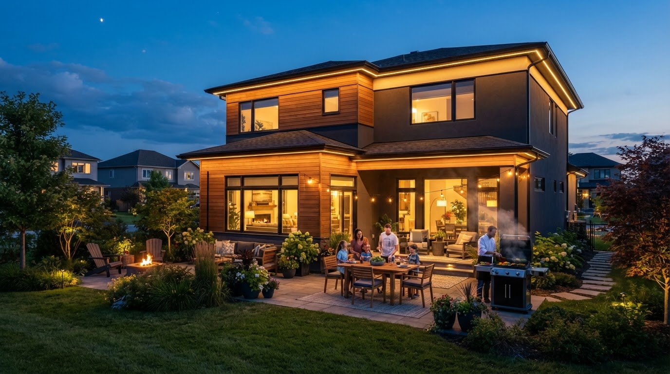 Permanent summer lighting on a home glowing warm white and amber for a summer evening patio display