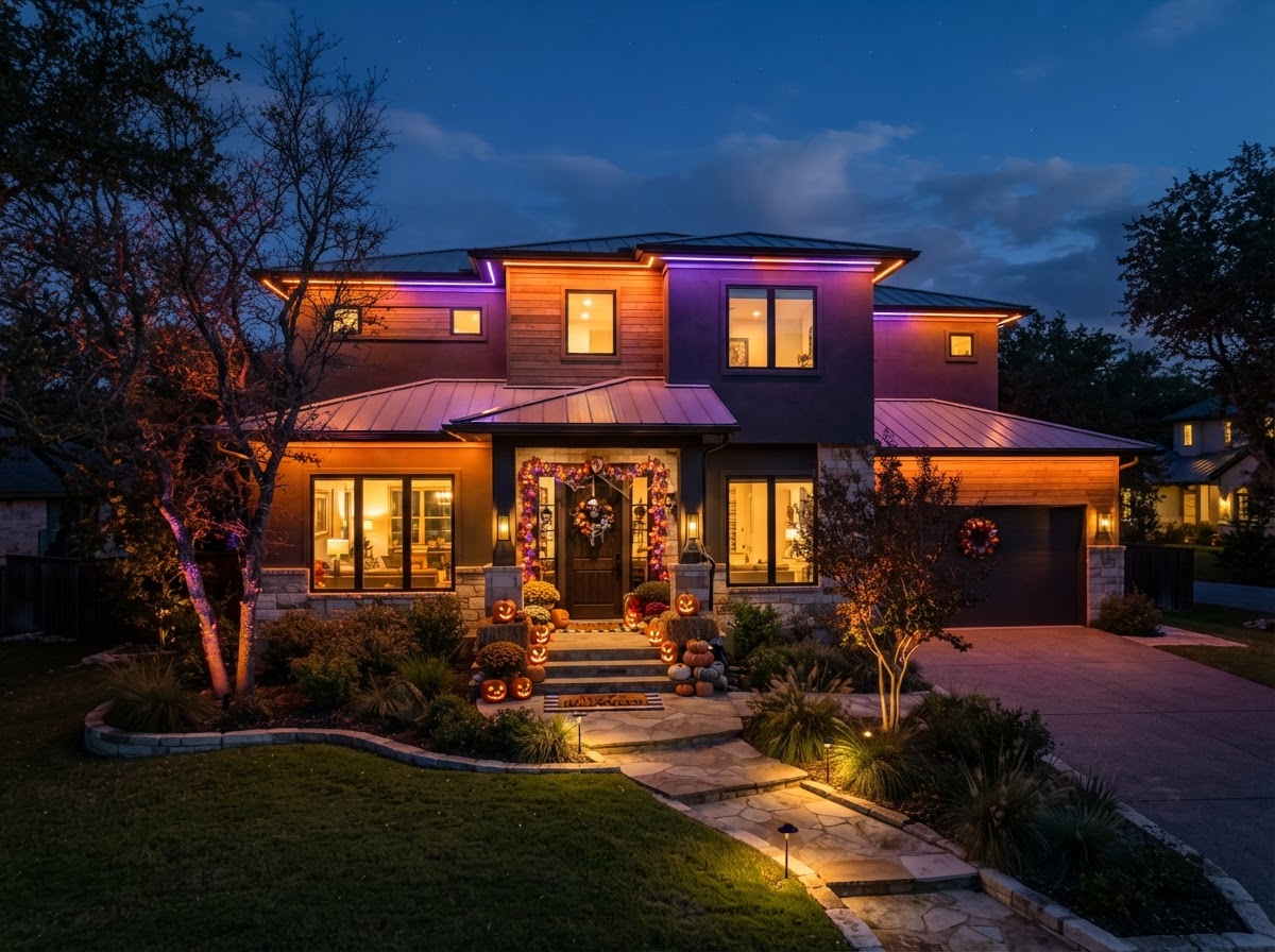 Permanent Halloween lighting on a modern home glowing orange and purple for the holiday