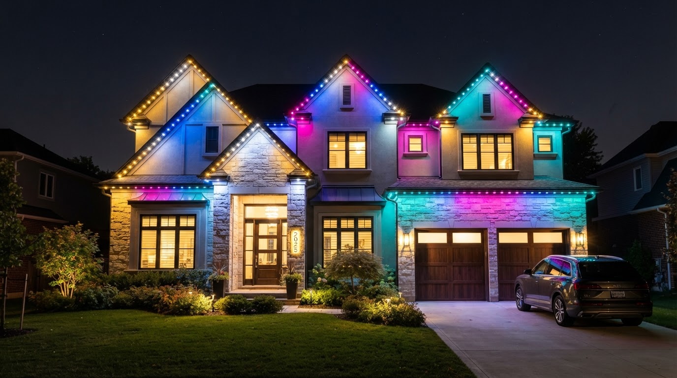 The same home at night with permanent New Year's LED outdoor lighting glowing along the roofline