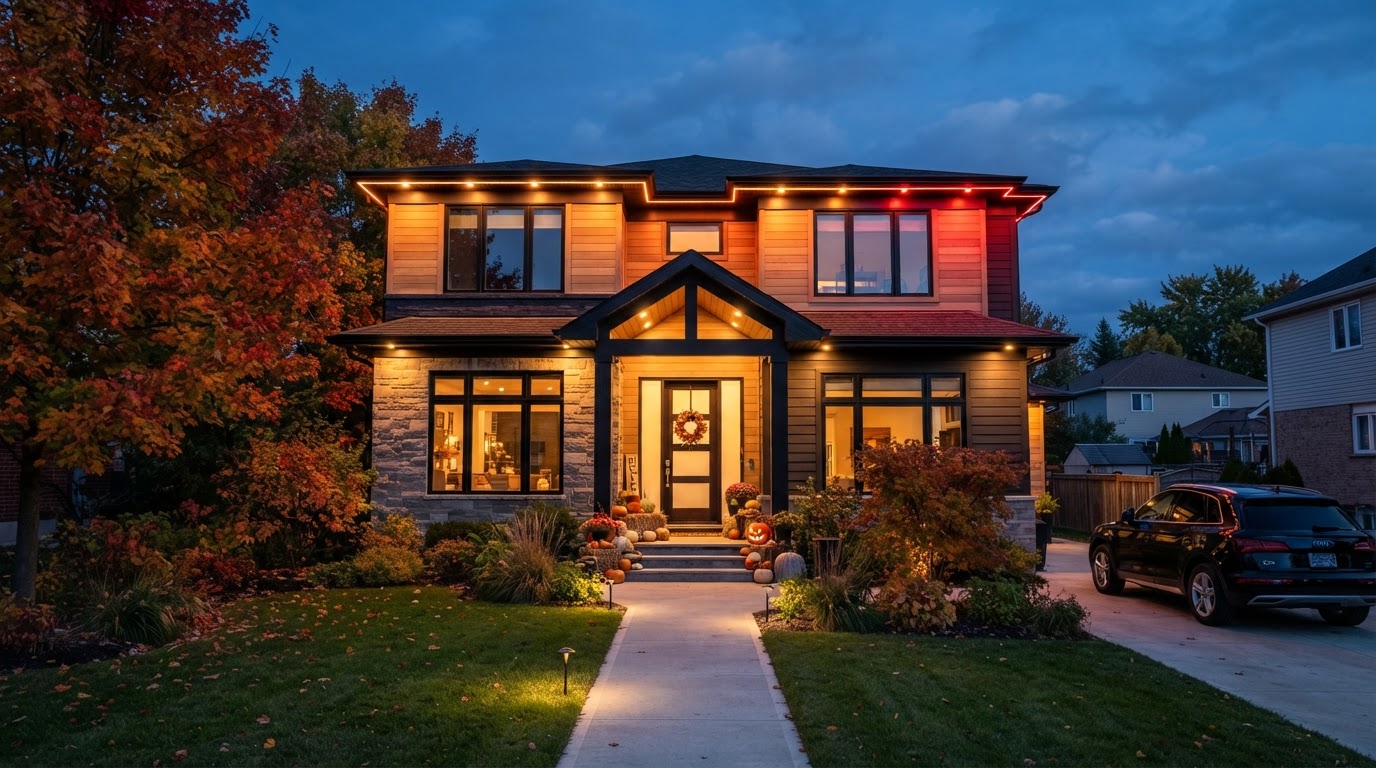 Permanent fall lighting on a home glowing warm orange and amber for an autumn seasonal display