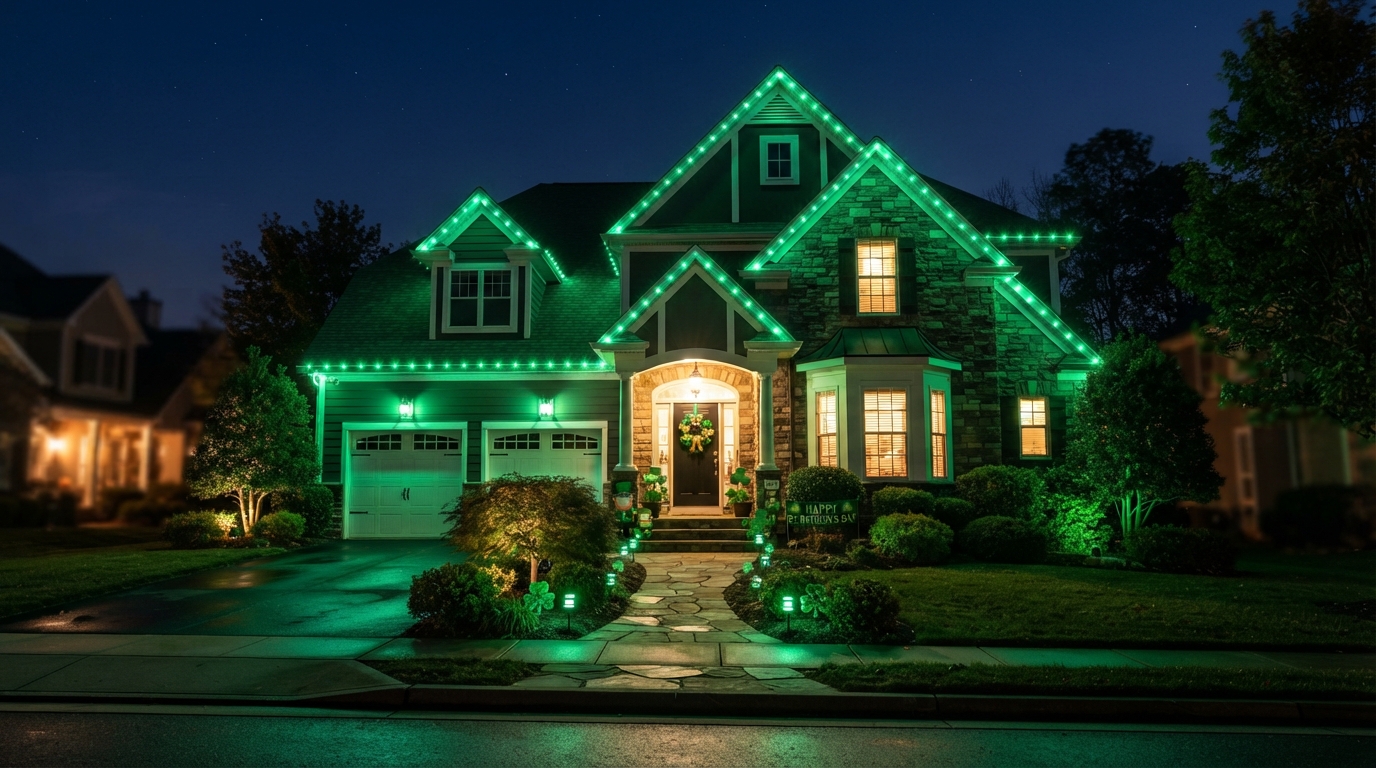 Permanent St. Patrick's Day lighting on a home glowing vibrant green for a March celebration display