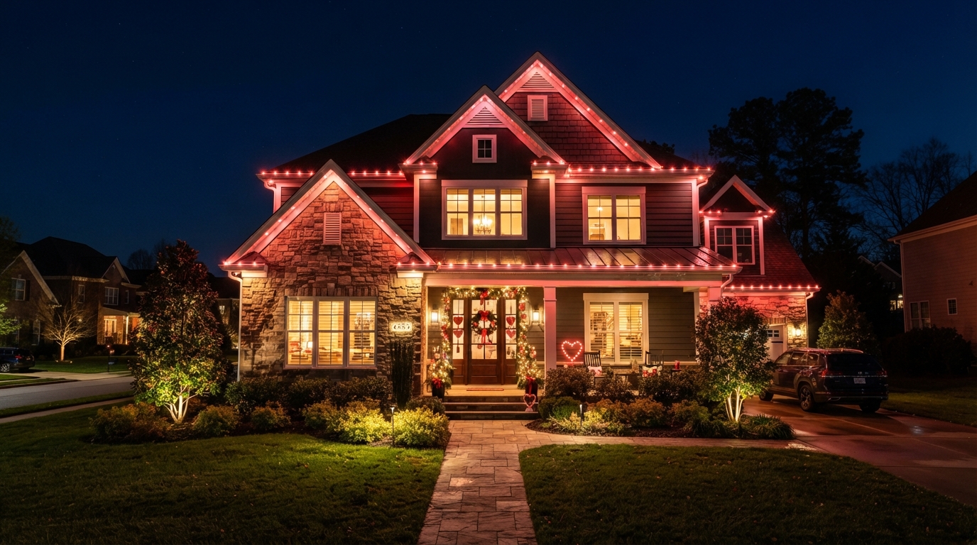 Permanent Valentine's Day lighting on a home glowing soft red and pink for a romantic February display