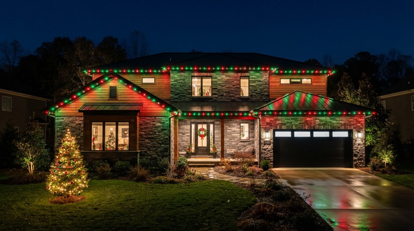 The same home at night with permanent Christmas LED outdoor lighting glowing along the roofline