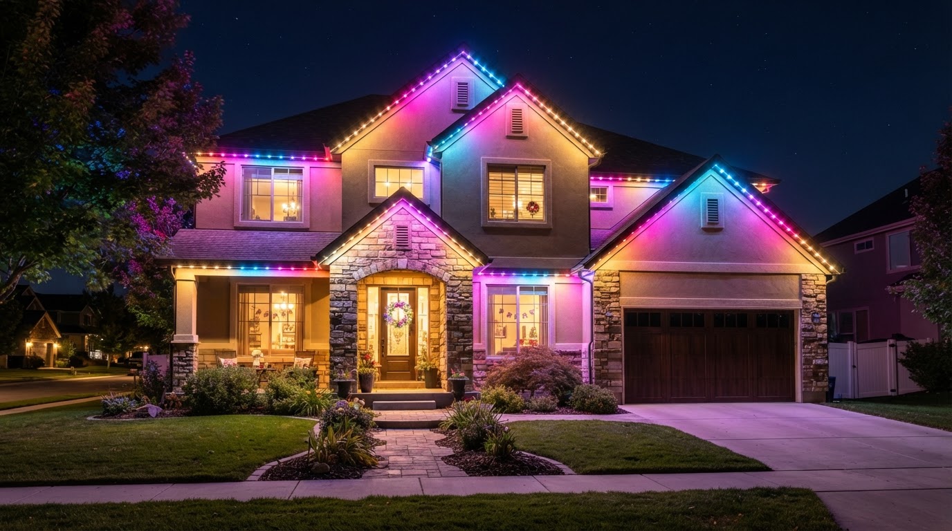 The same home at night with permanent Birthday LED outdoor lighting glowing along the roofline