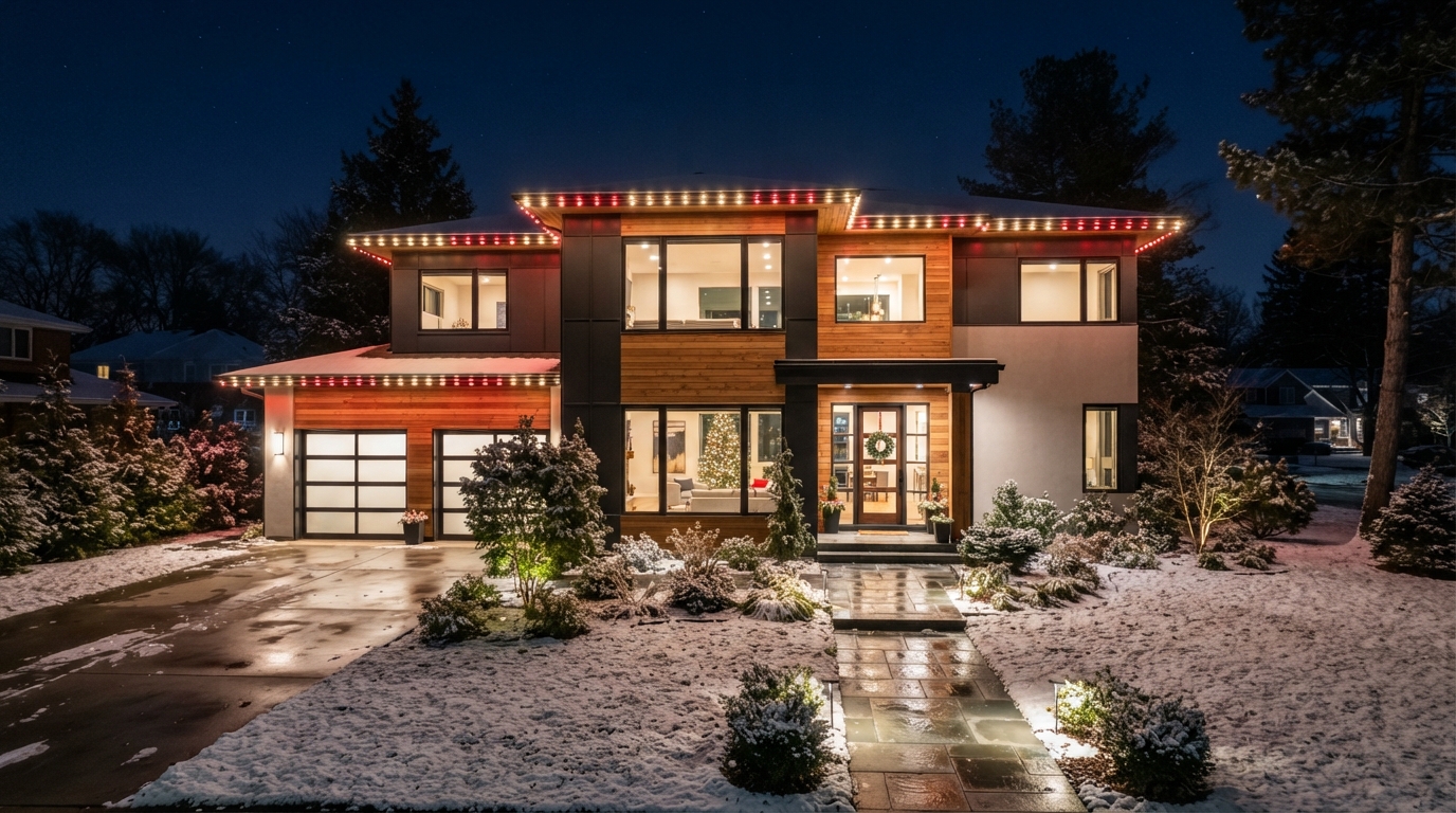 Modern home at night with permanent outdoor LED lighting glowing along the roofline in warm white and red