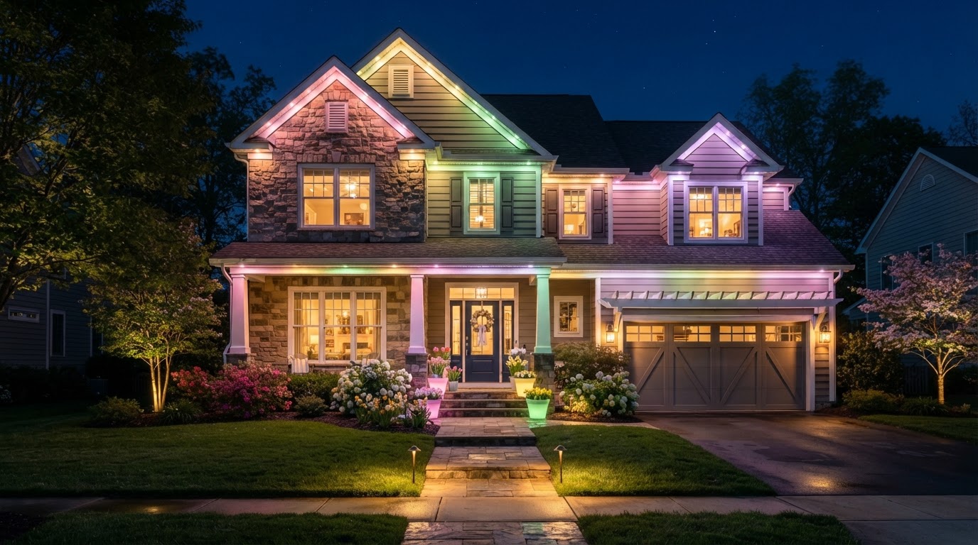 Permanent Easter lighting on a home glowing soft pastel colours for a spring celebration display