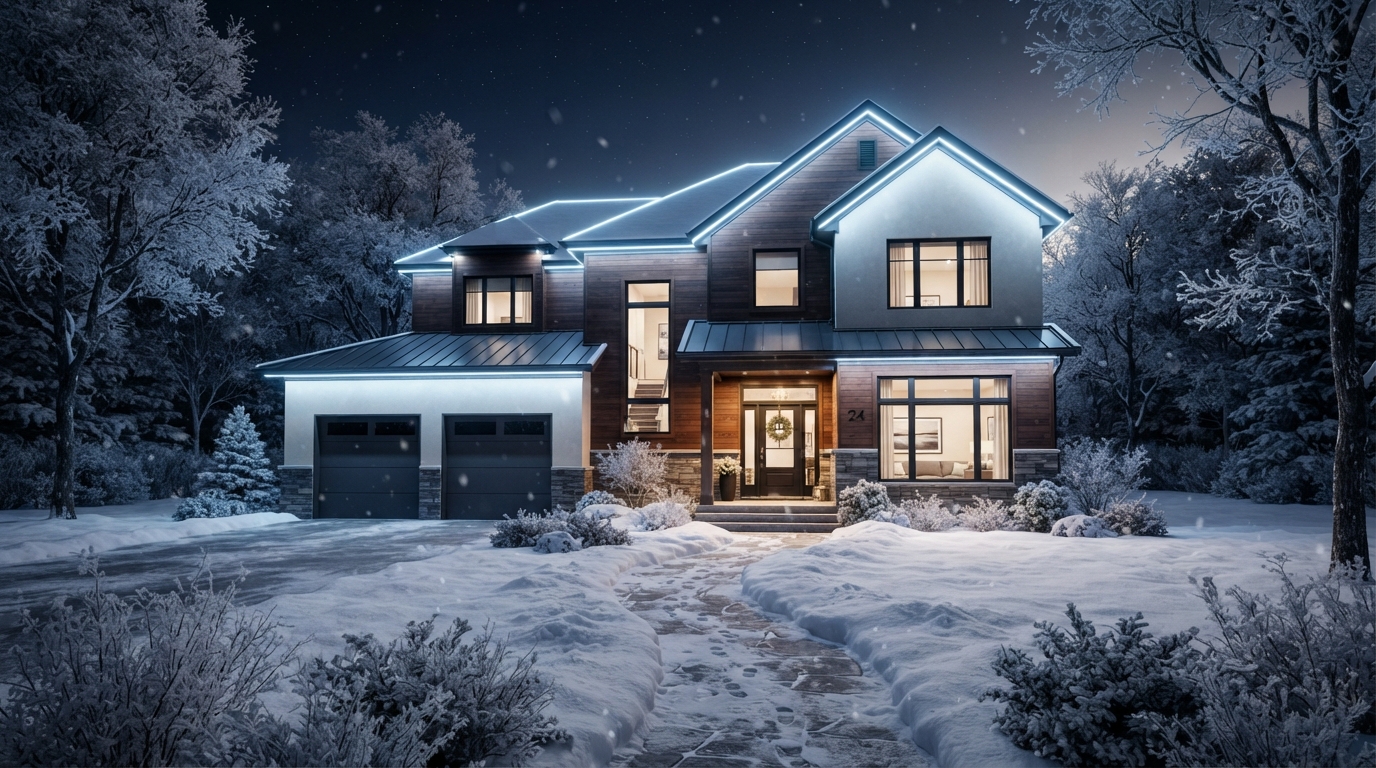 Permanent winter lighting on a home glowing cool white and icy blue against snow for a winter display