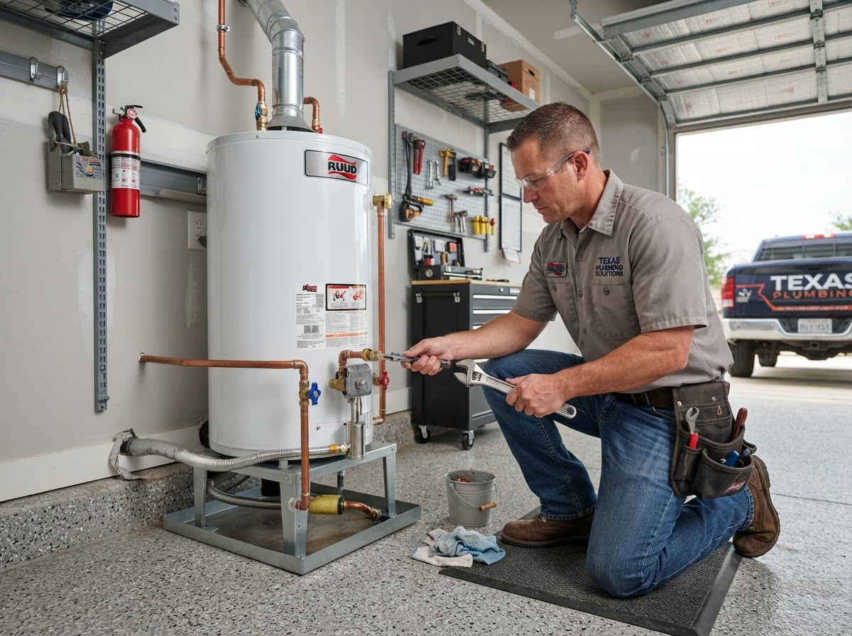 Right Fit plumber servicing a residential water heater in Seguin, Texas