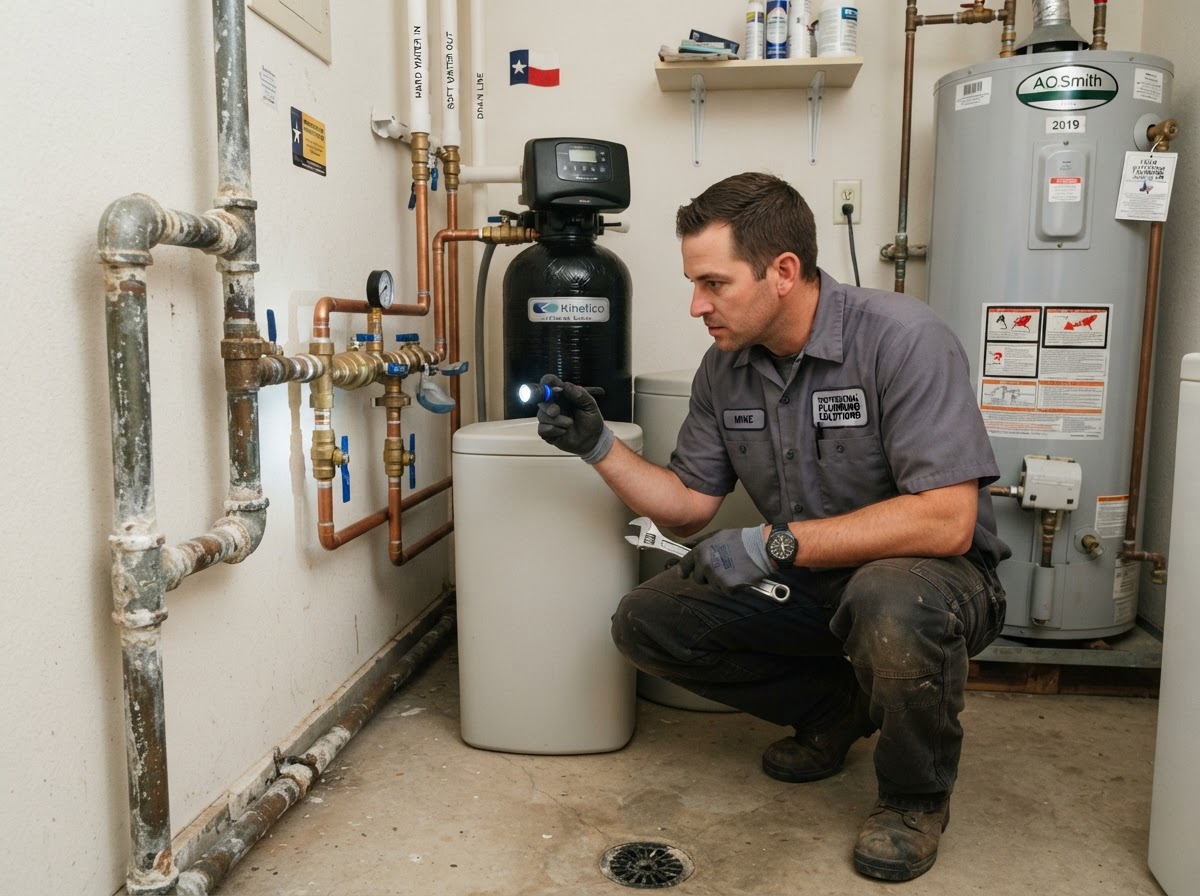 Water softener installation in a Central Texas home by Right Fit Plumbing