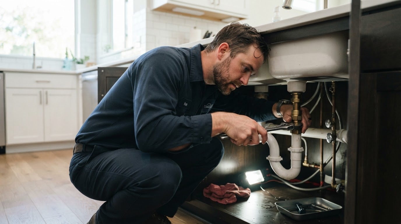 Right Fit plumber working on residential plumbing in Seguin, Texas