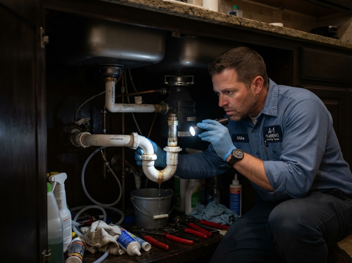 Right Fit plumber investigating a plumbing leak in a Central Texas home