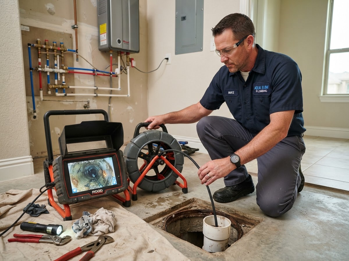 Right Fit plumber using a drain camera to inspect a sewer line in New Braunfels, Texas
