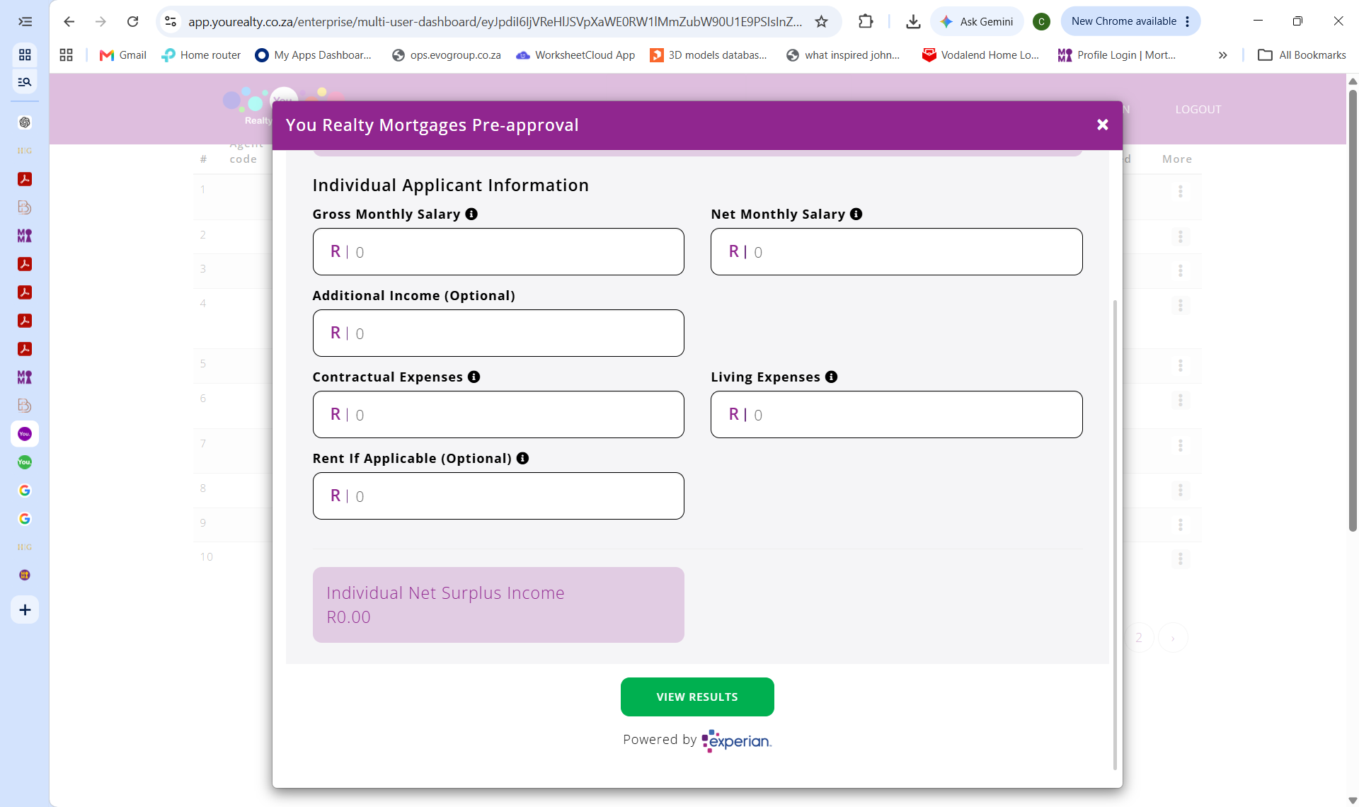Screenshot showing the full pre-approval form with all fields and the View Results button