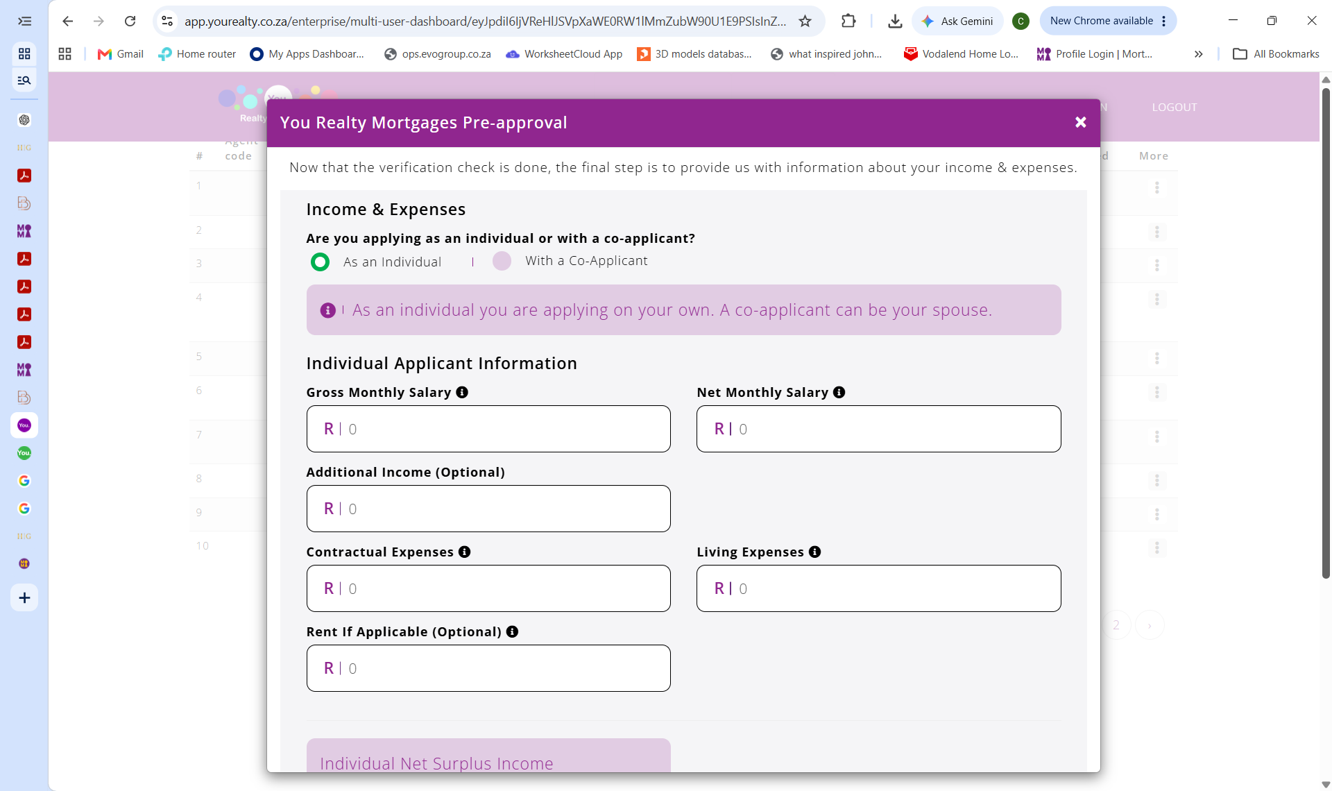 Screenshot showing the income and expense fields in the pre-approval form