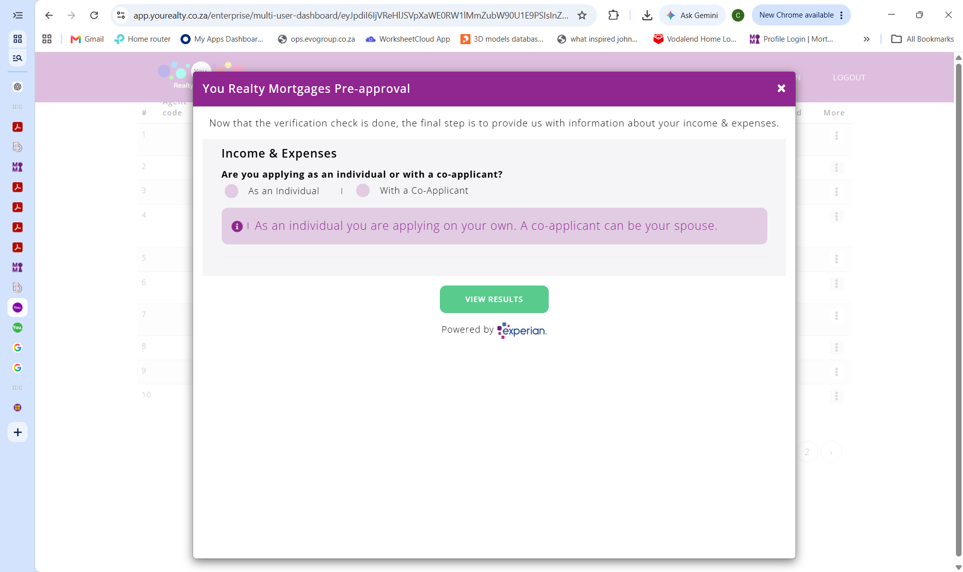 Screenshot showing the individual vs co-applicant selection in the pre-approval form