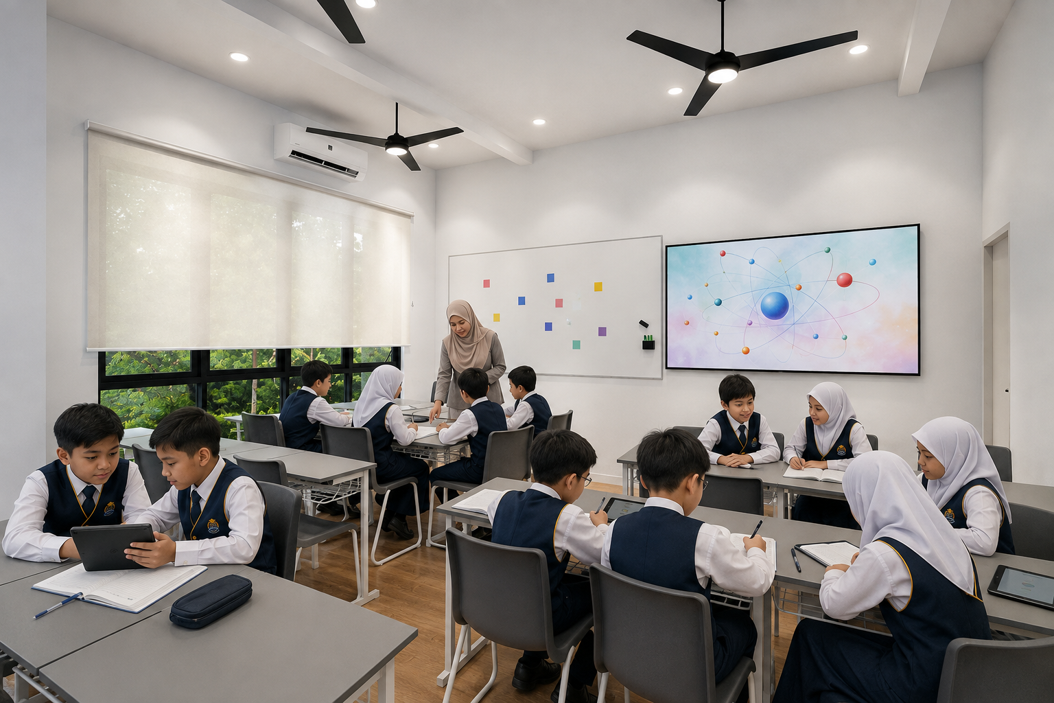 Pupils participating in collaborative learning inside a Sekolah Rendah Cendekia classroom.